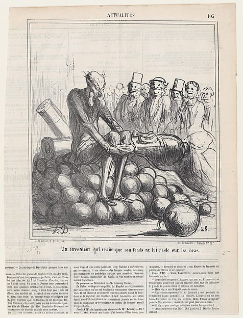An inventor who is afraid of getting stuck, sitting on his stock, from 'News of the day,' published in Le Charivari, May 31, 1867