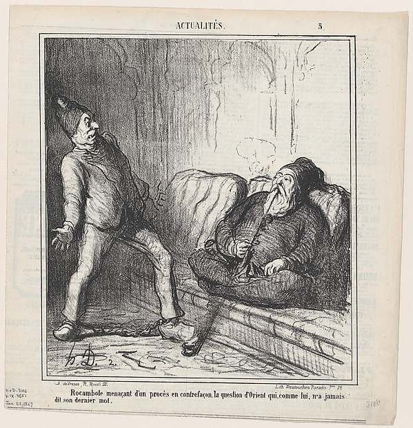 Rocambole threatening to start a process without end, covering the Oriental question. Since he never finishes anything, chances are that the process also will never be finished, from 'News of the day,' published in Le Charivari, January 23, 1867