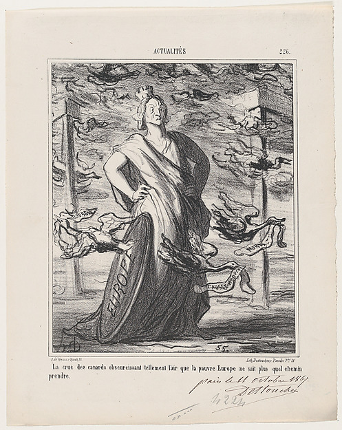 The cloud of ducks obscures the sky so much that poor Europe does not know what road to take, from 'News of the day,' published in Le Charivari, October 22, 1867