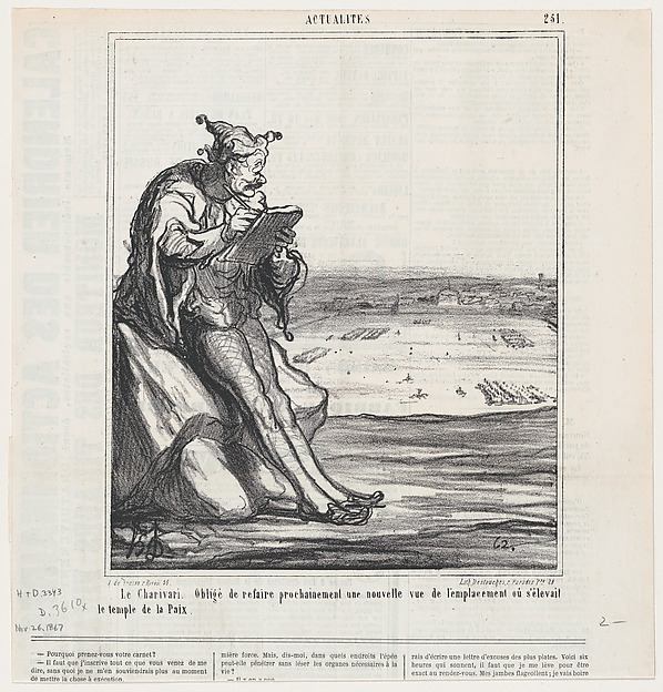 The Charivari. Forced to draw a new map of an area now used for manoeuvres, which used to be the location of the "Temple of Peace," from 'News of the day,' published in Le Charivari, November 26, 1867
