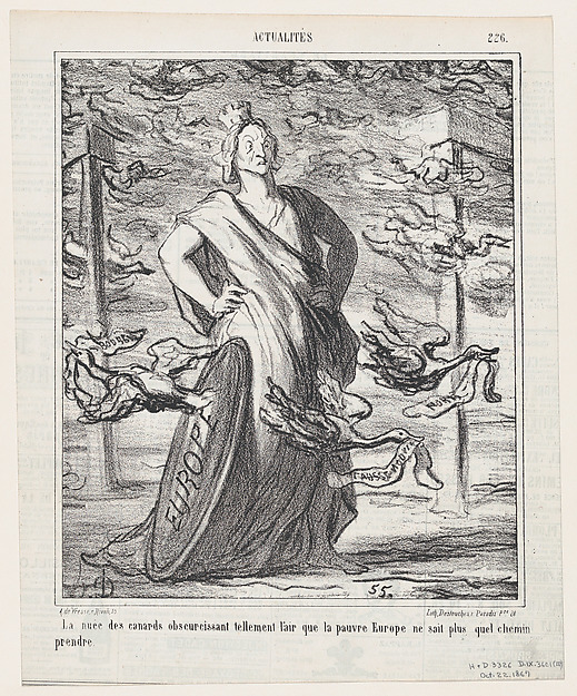 The cloud of ducks obscures the sky so much that poor Europe does not know which road to take, from 'News of the day,' published in Le Charivari, October 22, 1867