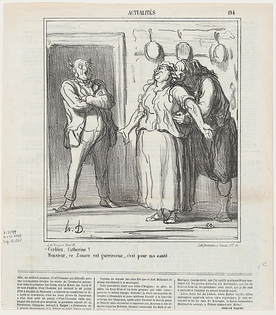 –By God, Catherine.... –Monsieur, this Zouave is a healer... it's just for my health!, from 'News of the day,' published in Le Charivari, September 18, 1867