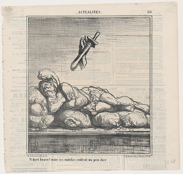 Bravo, he is asleep, but his mattress is a bit expensive, from 'News of the day,' published in Le Charivari, March 26, 1868