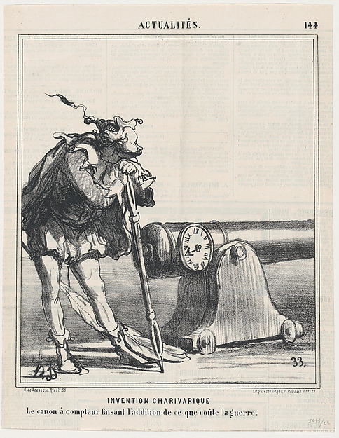 Charivari invention: A cannon equipped with a counter adding the costs of war, from 'News of the day,' published in Le Charivari, July 6, 1868