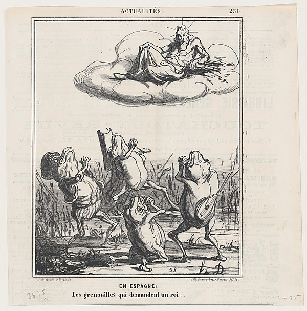 In Spain: the frogs asking for a king, from 'News of the day,' published in Le Charivari, December 3, 1868
