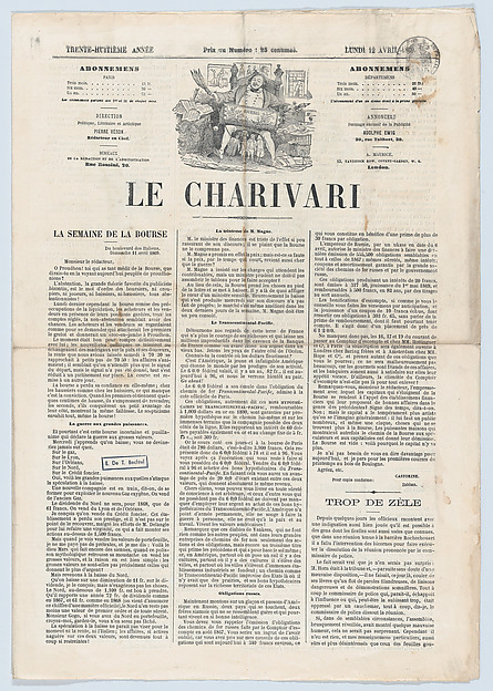 Le Charivari newspaper,  April 12, 1869: Will he be God, a table, or a basin?, from 'News of the day'