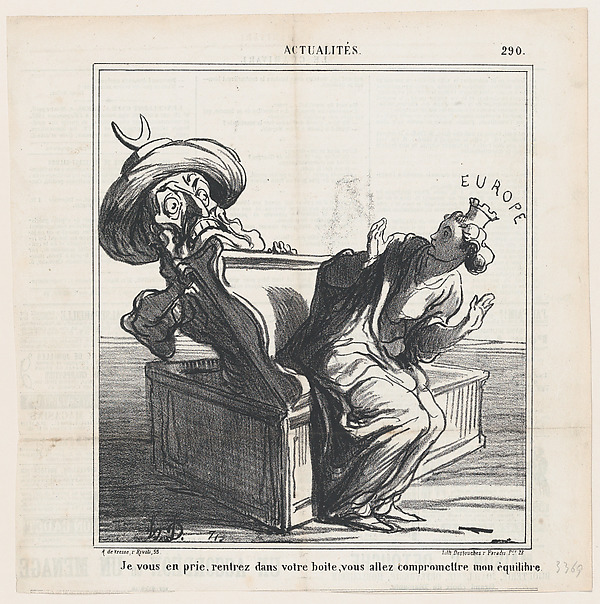 I beg you, get back into your box. You are going to endanger my equilibrium, from 'News of the day,' published in Le Charivari, January 13, 1869