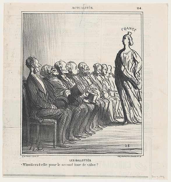 Run-off elections: Will she invite me for a second waltz?, from 'News of the day,' published in Le Charivari, June 2, 1869