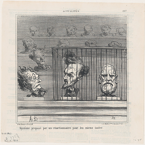 Proposal for a new system to better isolate reactionnaries, from 'News of the day,' published in Le Charivari, January 14, 1870