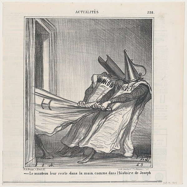 The cloak remains in their hands, like in the story of Joseph, from 'News of the day,' published in Le Charivari, October 14, 1869