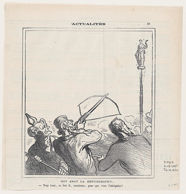 Who will shoot down the Republic? –Gentlemen, this mark is too high for you to be able to reach it!, from 'News of the day,' published in Le Charivari, February 26, 1872