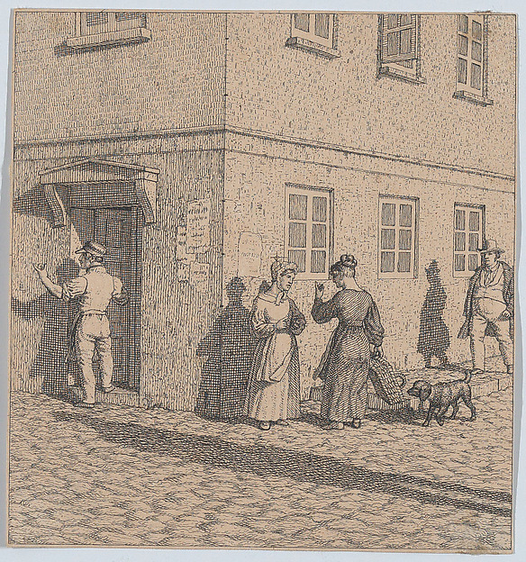 Two women conversing on a street corner, from "Linear Perspective, Applied to the Art of Painting"