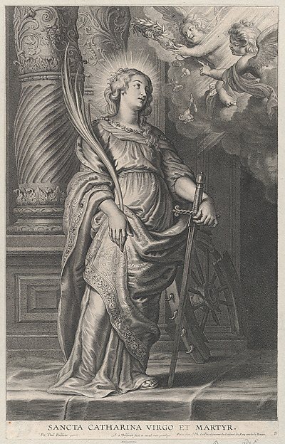 Saint Catherine holding palm leaves and a sword, two putti overhead holding a laurel