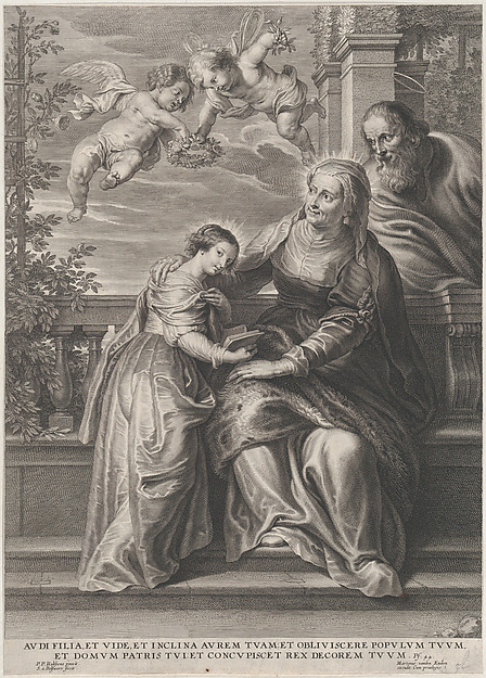 The education of the Virgin, with Saint Anne and the Virgin Mary reading with two putti overhead and Saint Joachim behind them at right