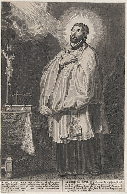 Saint Francis Xavier with a divine light emanating towards him from the upper left, with a crucifix, mitre, and book on a table at left