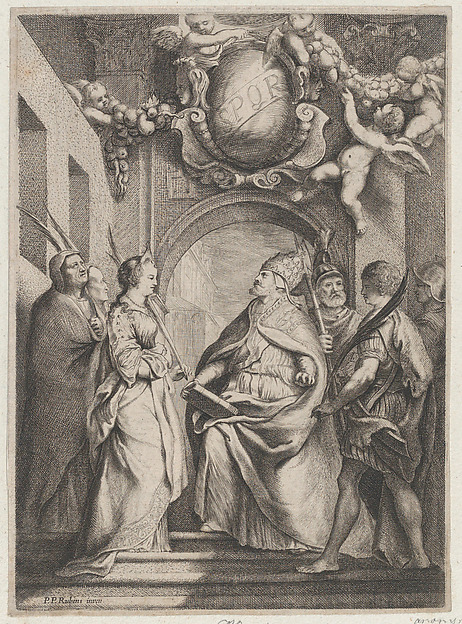 Saint Gregory surrounded by other saints, in front of an archway with putti holding garlands overhead