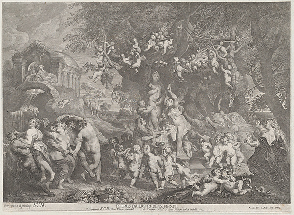 The Feast of Venus, with groups of satyrs, nymphs, and putti dancing around a statue of Venus