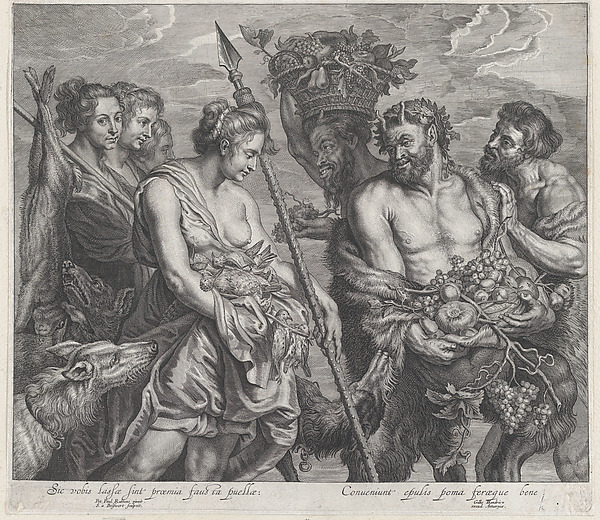 Diana returning from the chase, accompanied by dogs and her nymphs at left, two satyrs at right