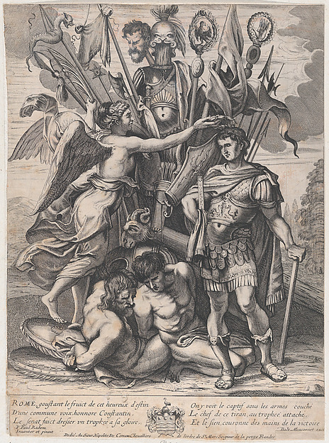 The Trophy of Constantine, with Victory at left crowning the emperor with a laurel, behind them a bounty of arms, armor, prisoners, and Maxentius' head on a stick
