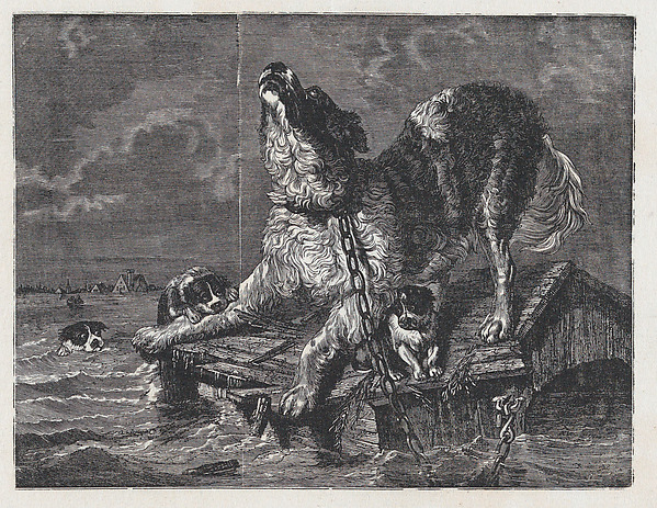 A large chained dog howling while puppies try to climb onboard a sinking dog house