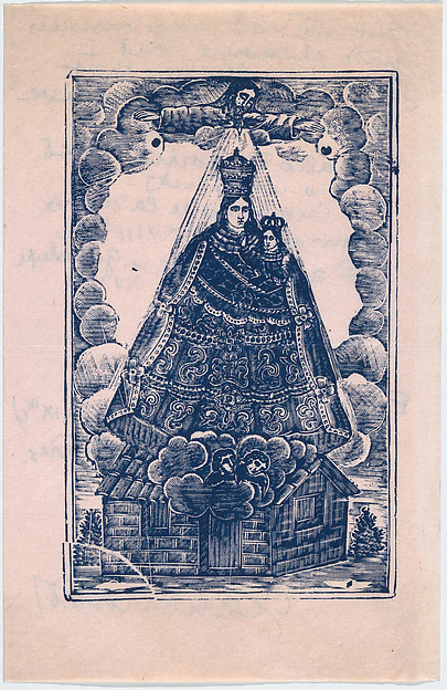 Christmas card from the Charlot's  to a Met member of staff, bi-fold with Virgin and Child on front and personal annotations on back with a list of prints the recipient should receive (probably the Met) by Anonymous, Mexican