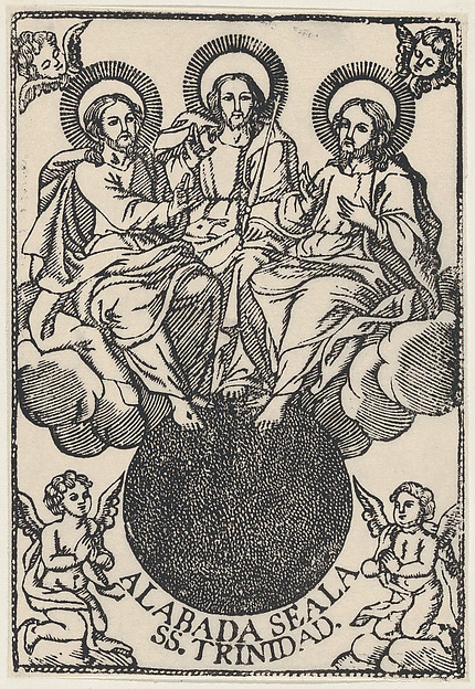 The Holy Trinity sitting on clouds surrounded by angels by Anonymous, Mexican