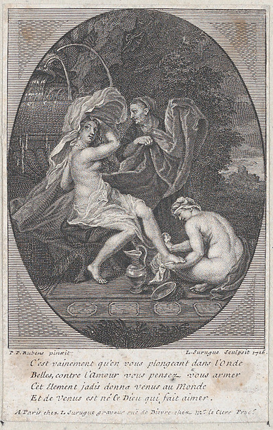 A woman at the bath, another woman washing her right foot and an old woman behind her holding her clothes