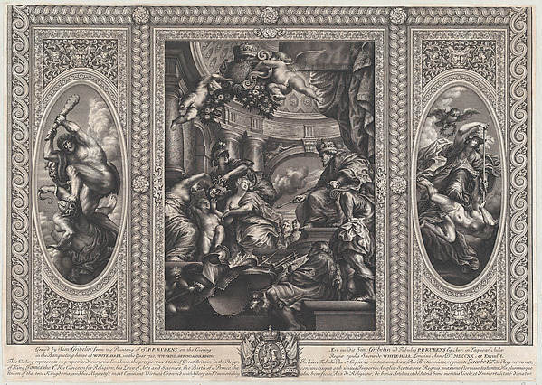 An allegorical scene showing the benefits of James' reign at center, Wise Government trampling Rebellion at right, and Liberty trampling Avarice at left