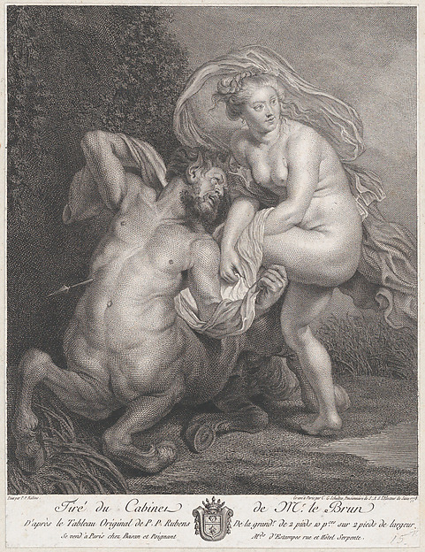 Deianeira receiving the poisoned tunic from Nessus, and the wounded centaur falling to the ground at left