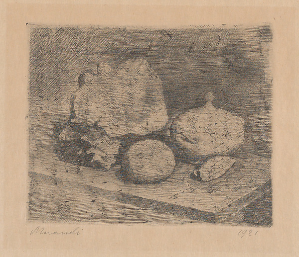 乔治·莫兰迪《静物：糖罐、贝壳与水果》蚀刻版画，1921年