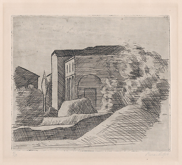 乔治·莫兰迪《门廊小屋与柏树》蚀刻版画，1924年，大都会艺术博物馆藏
