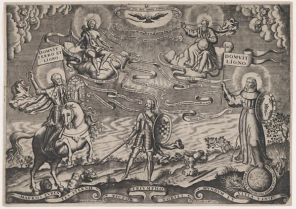 The triumph of faith, a soldier standing in centre holding shield adorned with arms of  Alva; Holy Trinity above, St James Major on horseback at left by Marcos de Orozco