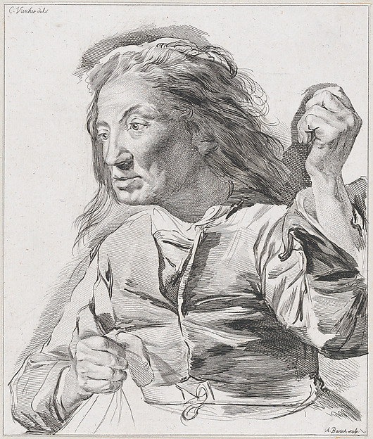 An old woman with clenched fists