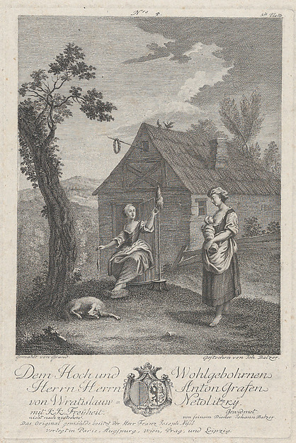 Landscape with a woman spinning and a woman nursing a child