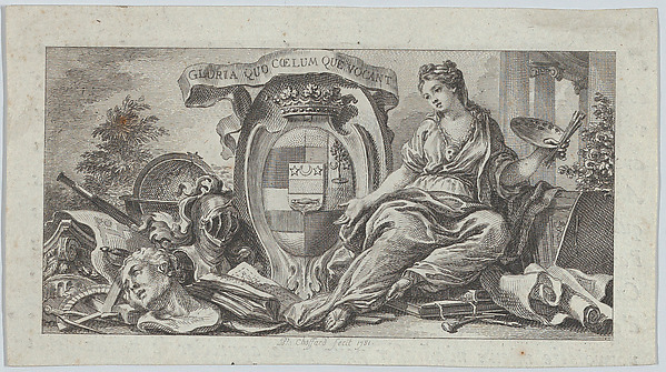 Vignette with shield of arms and an allegory for the Arts at right