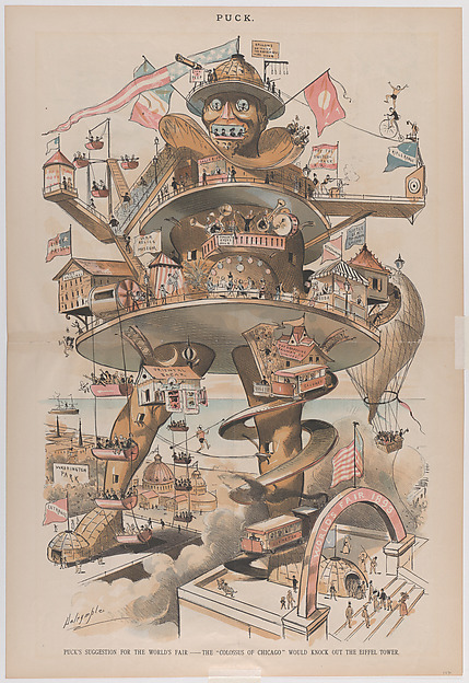 Puck's Suggestion for the World's Fair, The Colossus of Chicago Would Knock Out the Eiffel Tower, from "Puck Magazine"