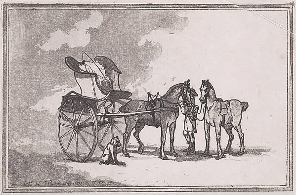 A Cabriolet or Curricle with a Man Holding Two Horses (A Post Chaise)