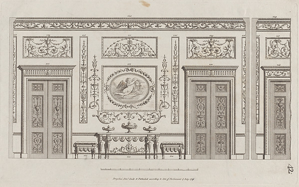 Interior Ornamented Wall with Doors, nos. 228–239, plate 42 from "Designs for Various Ornaments"
