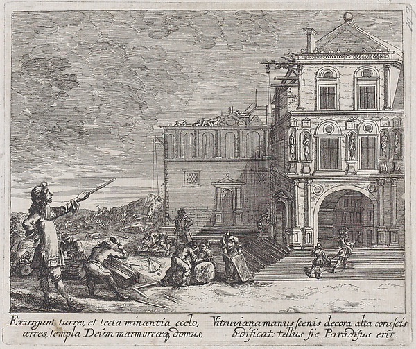 Scene showing the construction of a building