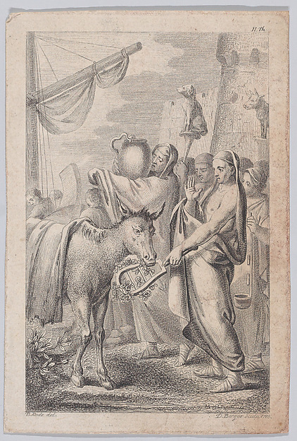 Figures at right near a ship, some holding up animals over their heads, a horse at left