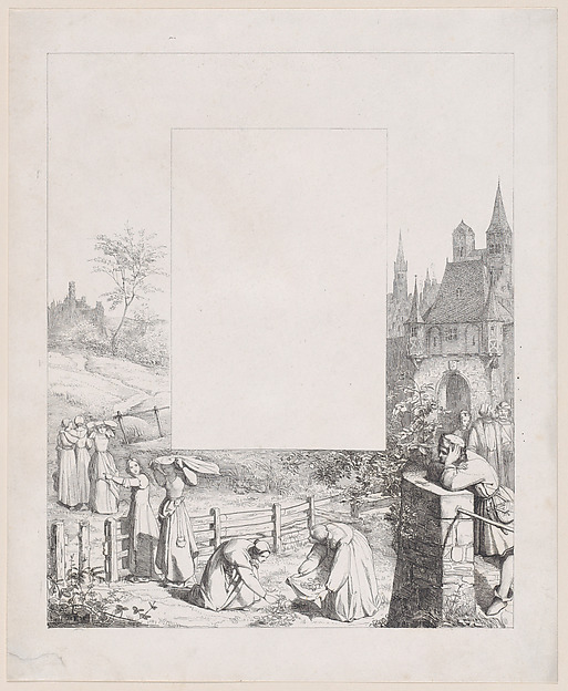 Plate 5: women collecting plants and carrying them over their heads, a male onlooker at right and a castle at right in the background, from "Lieder eines Malers mit Randzeichnungen seiner Freunde"