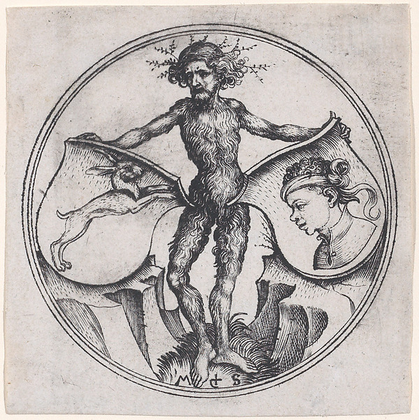 Wild Man Holding a Shield with a Hare and a Shield with a Moor's Head