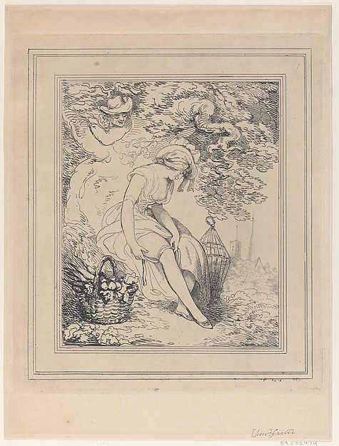 Girl with a Basket and Birdcage Adjusting Her Garter