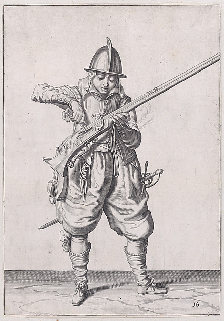 Jacques de Gheyn II, A soldier pouring powder into the pan, from the Marksmen series, plate 16, in "Waffenhandlung von den Rören Musquetten undt Spiessen / Wapenhandelinghe van Roers Musquetten ende Spiessen" (The Exercise of Arms)
