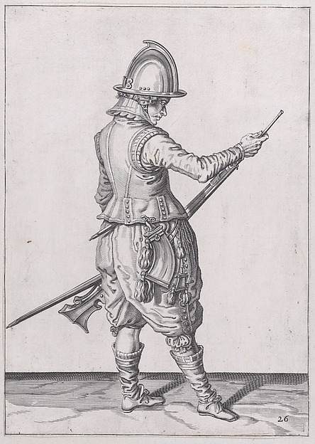 Jacques de Gheyn II, A soldier ramming home powder and bullet with the ramrod, from the Marksmen series, plate 26, in "Waffenhandlung von den Rören Musquetten undt Spiessen / Wapenhandelinghe van Roers Musquetten ende Spiessen" (The Exercise of Arms)
