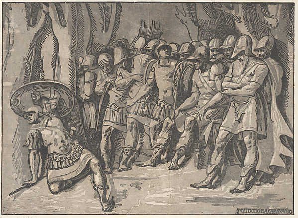 Ajax lower left holding a shield aloft, at the right stands Agamemnon surrounded by his soldiers