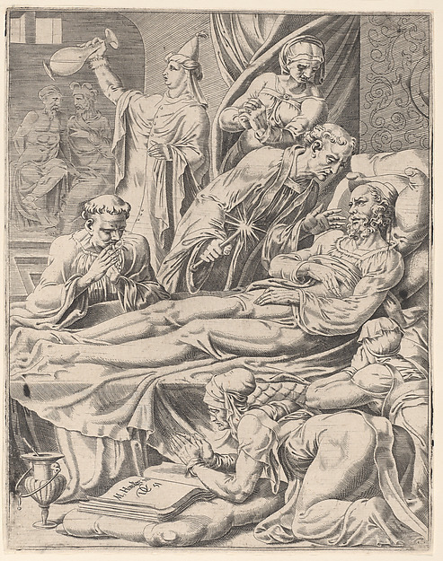 The Rich Man on His Deathbed, plate 2 from "The Parable of Lazarus and the Rich Man" by Dirck Volckertsz Coornhert