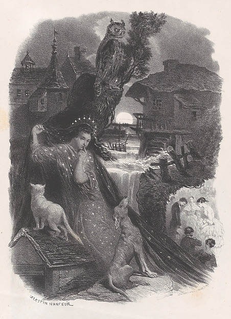 Night; vignette of girl in 18th century costume picking roses on verso
