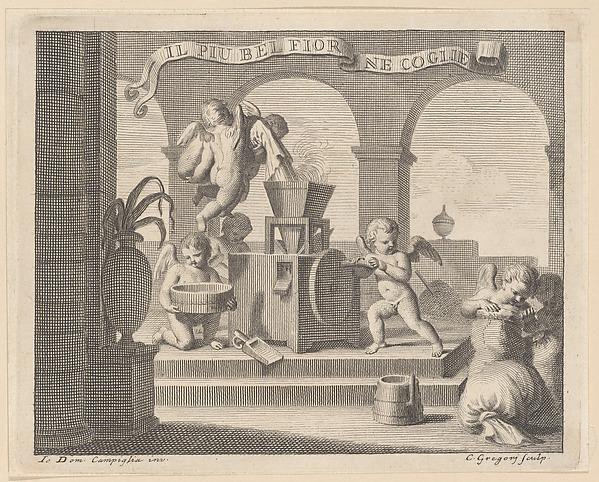 She gathers the fairest flower (Il più bel fior ne coglie), a group of six putti working together in an arched workshop