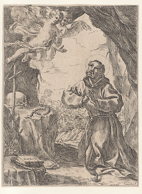 Saint Francis of Assisi, kneeling before a crucifix with two angels at upper left by Domenico Maria Canuti